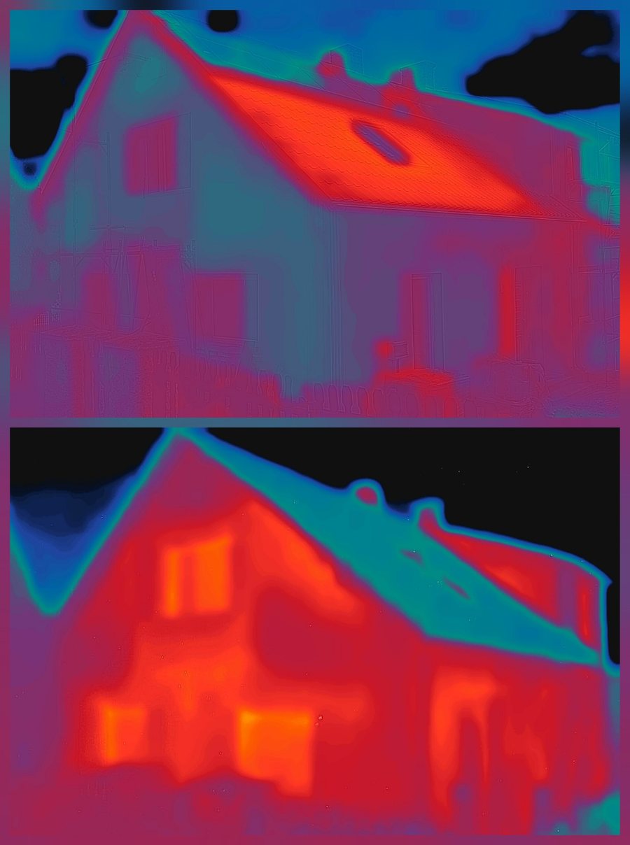 Twee warmtebeelden van hetzelfde woonhuis over elkaar, voor en na de coating